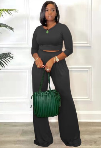 Black O-Neck Long Sleeve Crop Top and Wide Pants Two Piece Set