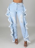 Light Blue Ruffles Distressed Jeans