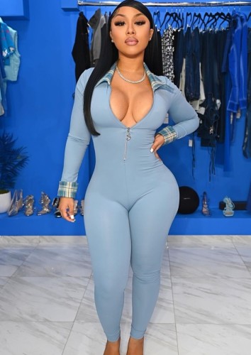 Check Collar and Cuff Patchwork Blue Zipper Up Jumpsuit