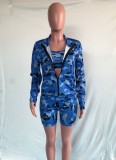 Blue Camou Tank Bra and High Waist Shorts with Zip Coat Three Piece Set