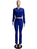 Blue Velvet Zipper Crop Hoody Two Piece Tracksuit