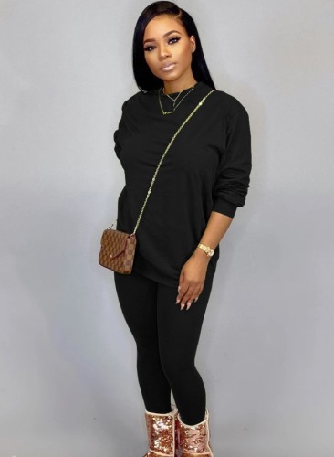 Black Long Sleeves O-Neck Top and Pants Two Piece Loungewear