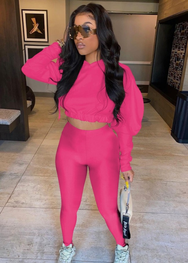 Rose Hoody Drop Shoulder Crop Top and Tight Legging 2PCS Set