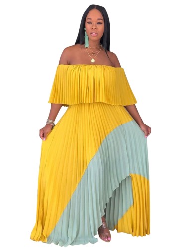 Overlap Off Shoulder Contrast Color Irregular Pleated Maxi Dress