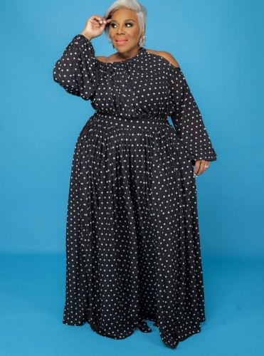 Plus Size Dot Print Black Irregular Collar Loose Maxi Dress