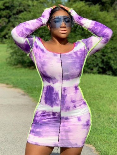 Plus Size Purple Tie Dye Long Sleeve O-Neck Skinny Dress