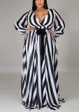 Plus Size Black and White Stripes Printed Wrap Maxi Dress with Belt