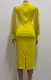 Yellow Silk Puff Sleeve Slit Midi Dress