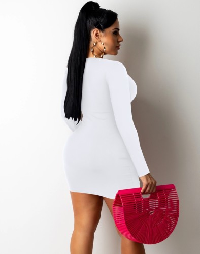 White Tie Up Cut Out Long Sleeve Ruched Mini Dress