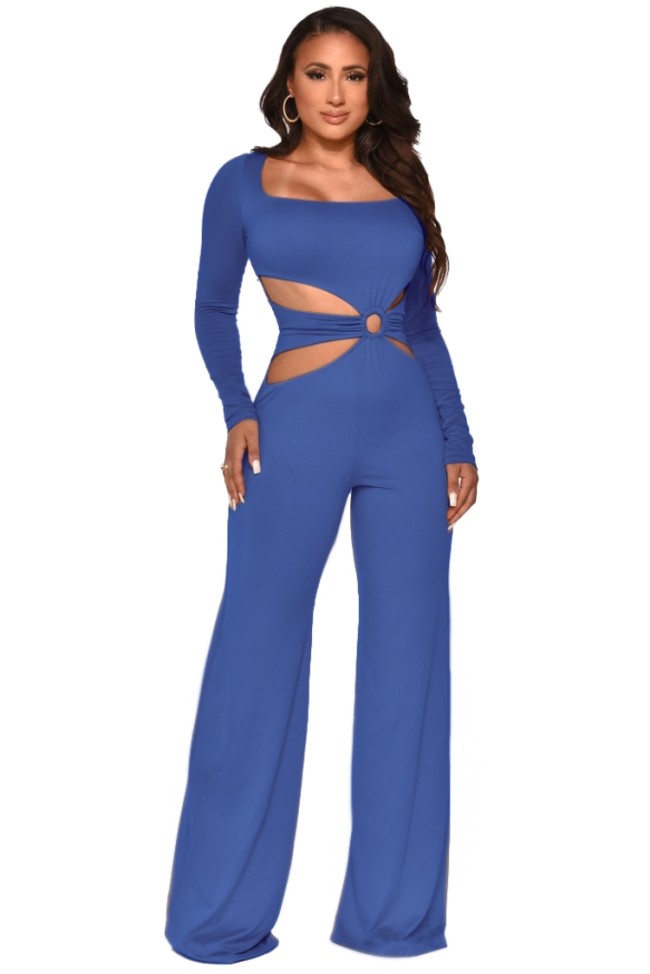 Blue Hollow Out Square-Ring Long Sleeve Jumpsuit