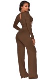 Brown Hollow Out Square-Ring Long Sleeve Jumpsuit
