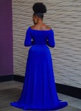 Blue Long Sleeve High Split Evening Dress
