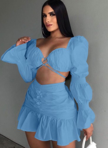 Blue Bubble Sleeve Crop Top and Ruched Shirring Skirt 2PCS Set