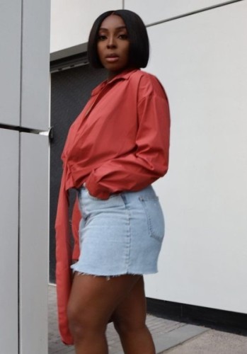 Red Deep-V Ruched Shirring Blouse