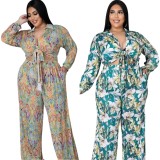 Plus Size Floral Knotted Long Sleeve Blouse and Wide Pants 2PCS Set