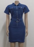 Dk-Blue Short Sleeve Zipper Denim Dress with O-Ring Belt