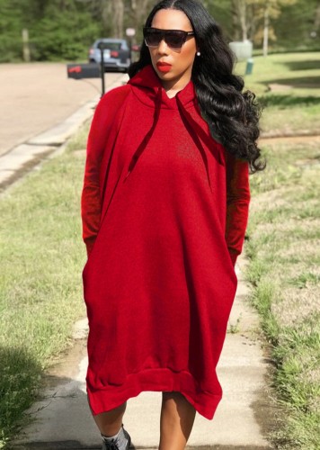 Red Long Sleeves Drawstring Hoody Dress