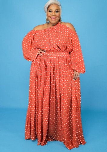 Plus Size Dot Print Orange Irregular Collar Loose Maxi Dress