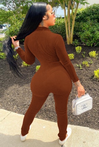 Brown Ribbed Zip Up Long Sleeves Fitted Jumpsuit