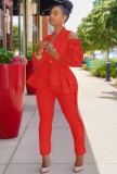 Red Ruffles Lace Turndown Collar Blazer and Pant Two Piece Set