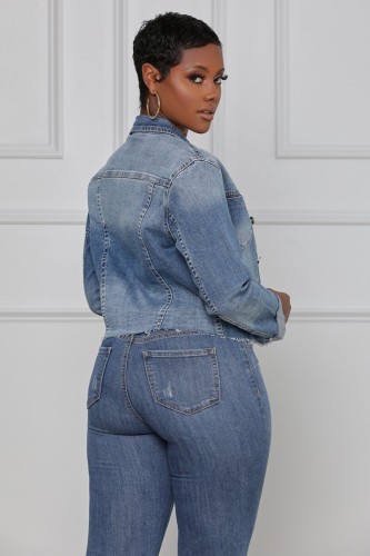 Blue Long Sleeve Turndown Collar Denim Jacket with Pocket