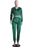 Green Velvet Zip Drawstring Hoody Crop Top and Pants Two Piece Set