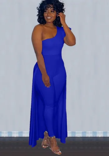 Blue One Shoulder Short Sleeve Fitted Jumpsuit with Hem