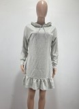 Grey Long Sleeve Frill Hem Midi Drawstring Hoody Dress