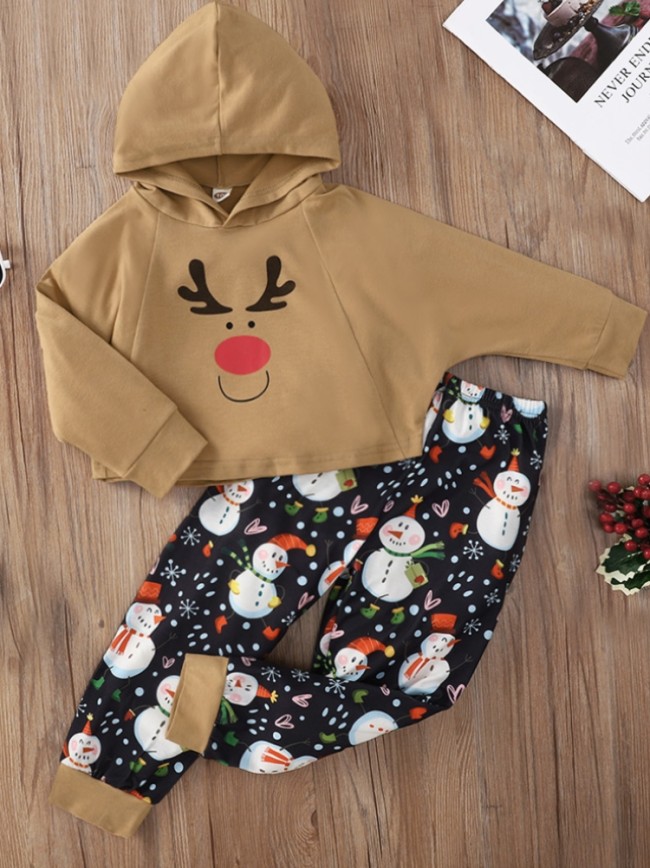 Kids Girl Elk Print Hooded Christmas Top and Pants 2PCS Set