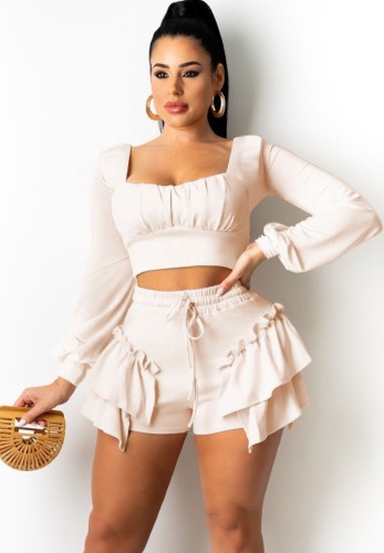 White Square Neck Crop Top and Ruffle Drawstring Shorts Two Piece Set
