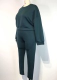 Plus Size Dk-Green Loose Long Sleeve O-Neck Top And Slim Pants 2PCS Set