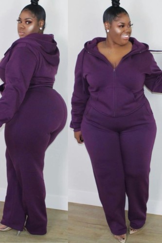 Plus Size Purple Drawstring Hoody Top and Pant 2PCS Set