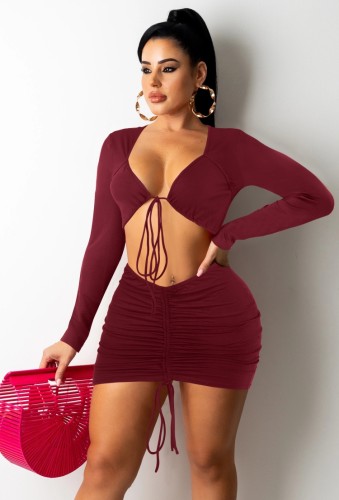 Red Tie Up Cut Out Long Sleeve Ruched Mini Dress