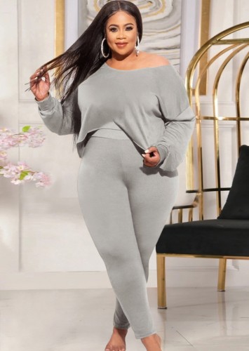 Plus Size Gray Boat Neck Irregular Top and Tight Pants Two Piece Set