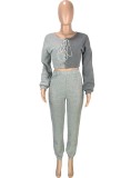 Contrast Lace Up O-Neck Crop Top And Pant Two Piece Set