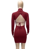 Red Backless Tie Long Sleeve Turtleneck Skinny Dress