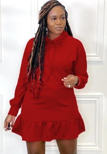 Red Long Sleeve Frill Hem Midi Drawstring Hoody Dress