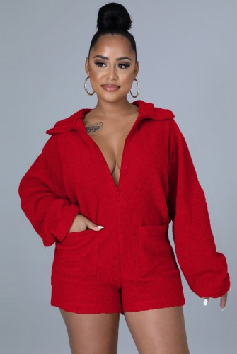 Red Zipper Up Long Sleeve Hoody Rompers with Pocket