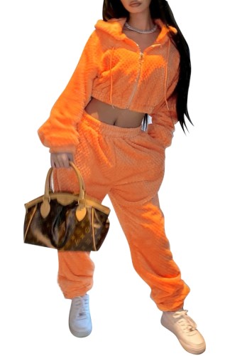 Orange Velvet Zip Up Hoody Crop Top and Pants Two Piece Set