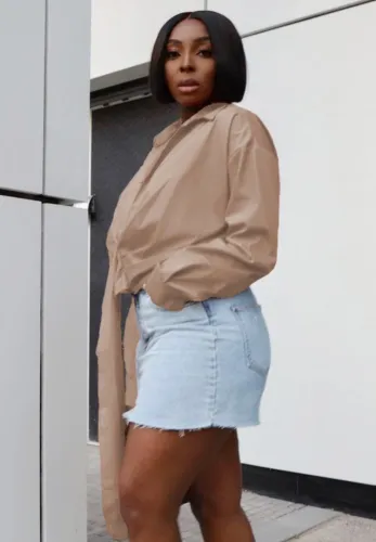 Khaki Deep-V Ruched Shirring Blouse