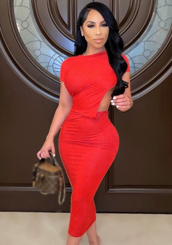 Red Cut Out Short Sleeve Backless Fitted Long Dress