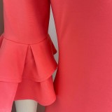 Red Off Shoulder Ruffles Sleeve Slit Maxi Fishtail Dress