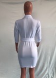 White 3/4 Sleeve Turndown Collar Irregualr Blazer Dress With Belt
