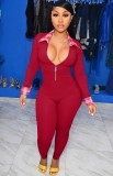 Check Collar and Cuff Patchwork Red Zipper Up Jumpsuit