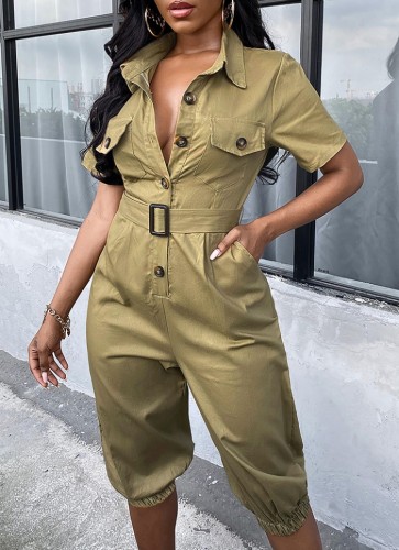 Army Green Button Up Short Sleeve Cargo Rompers with Belt