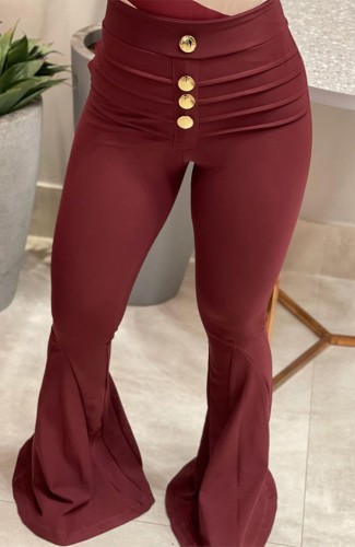 Red Button High Waist Flare Trousers
