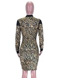 Leopard Print Black Mesh Patch Midi Bodycon Dress
