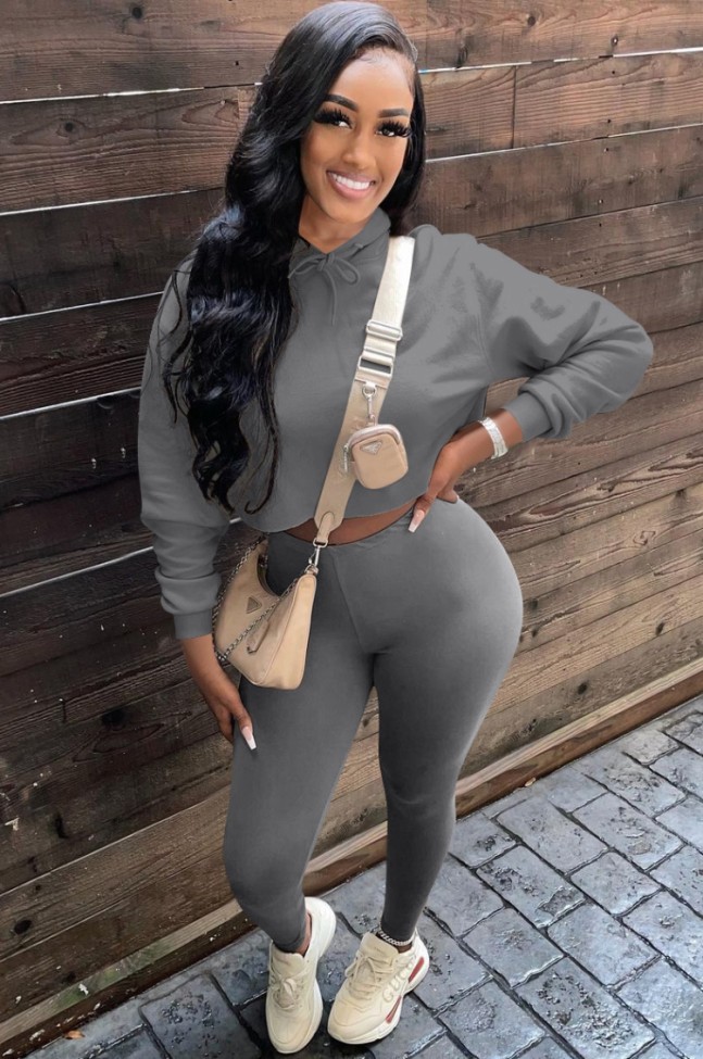 Grey Long Sleeve Hoody Top and Fitted Pant 2 Piece Set