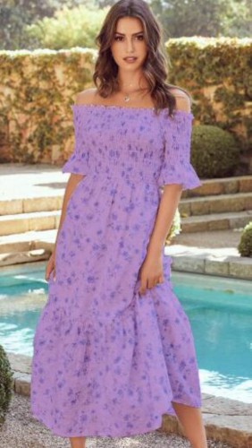Purple Print Floral Off Shoulder Short Sleeve Maxi Dress