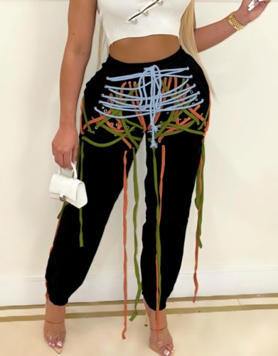 Black Strings Tie Up High Waist Sweatpants